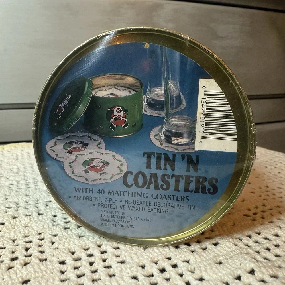 Vintage Santa Coasters with Tin 40 Count Made In Hong Kong New Sealed
